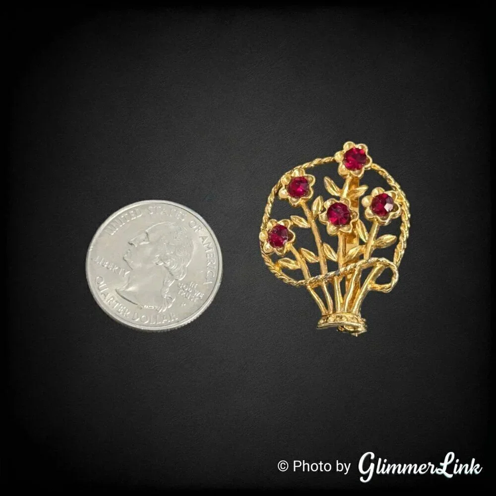 Vintage Red Rhinestone Flower Basket Gold Tone Brooch Pin